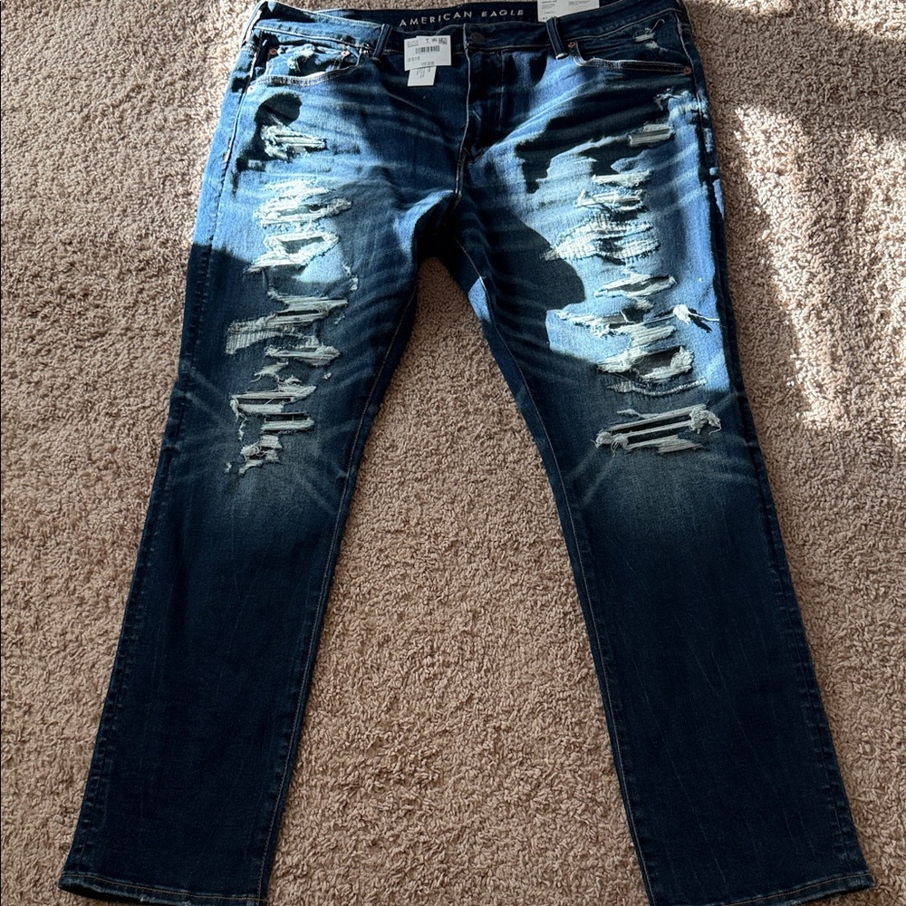 American Eagle Outfitters Men's Dark Blue Slim Straight Ripped Jeans